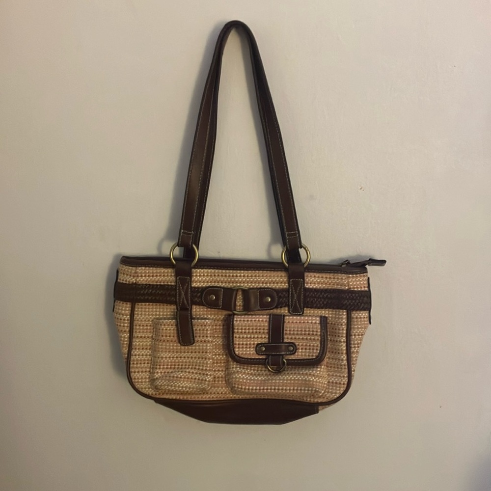 Elegant Cream and Pink Women's Handbag with Brown leather straps